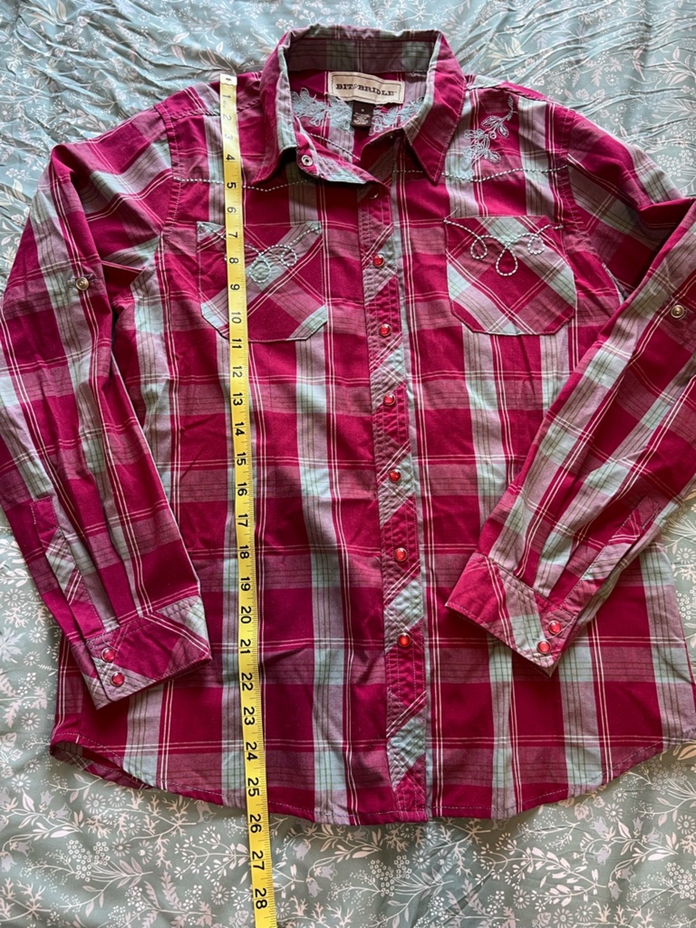 Bit & Bridle Western Pearl Snap Shirt Embroidered Plaid Magenta Blue Medium - Picture 8 of 9